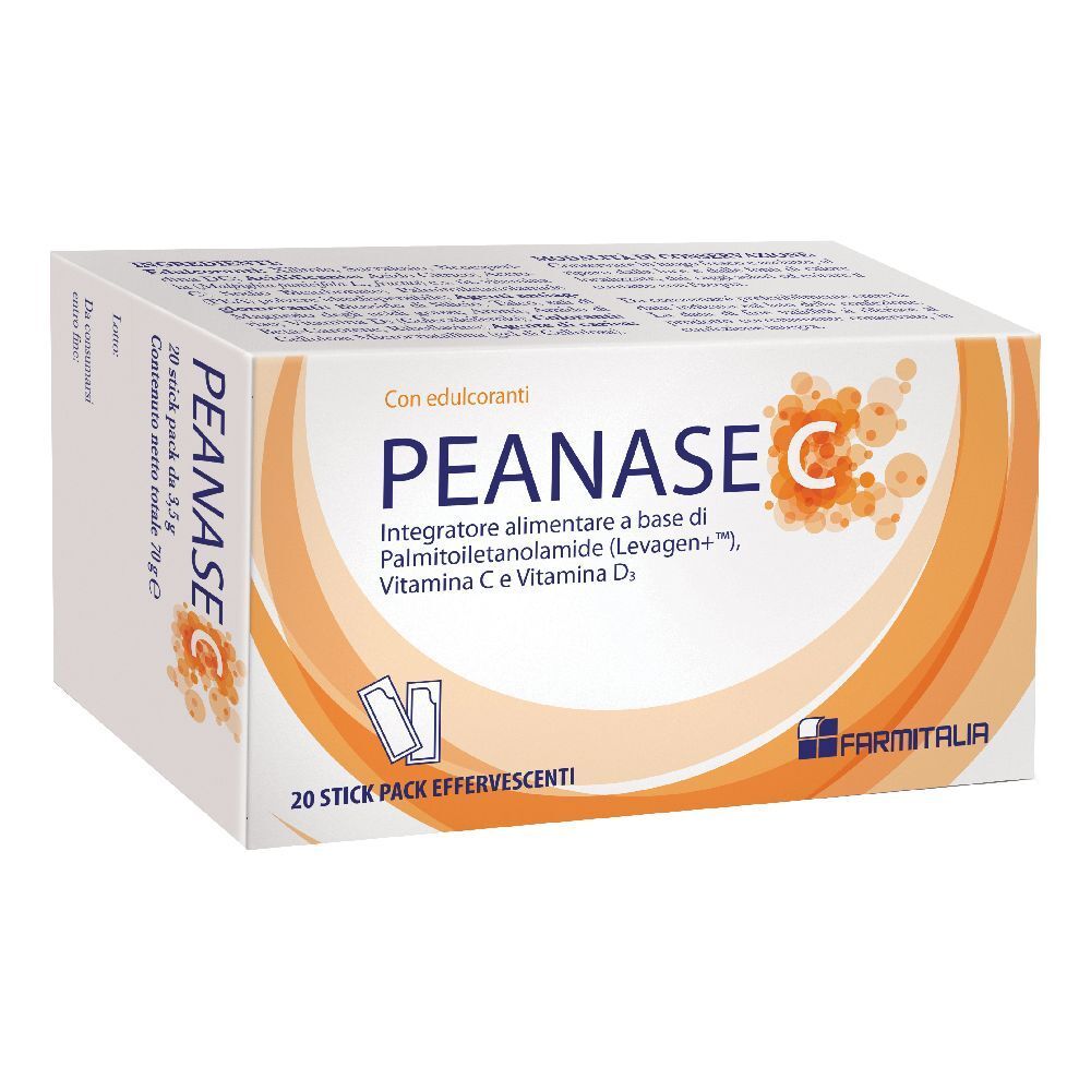 Scatola di Peanase C, 20 stick effervescenti. Contiene vitamina C e D. Marchio Farmitalia.
