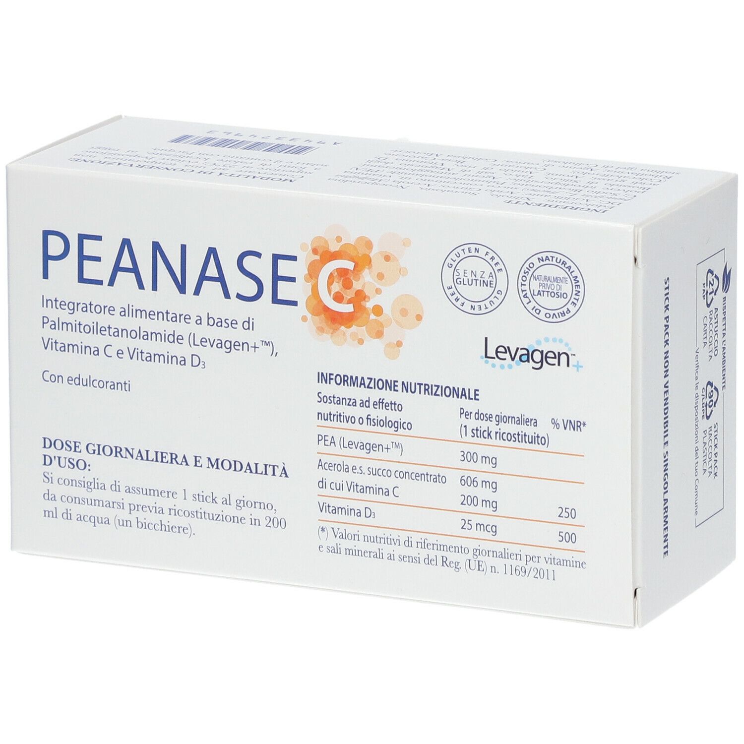 Scatola di Peanase C, 20 stick effervescenti. Contiene vitamina C e D. Marchio Farmitalia.