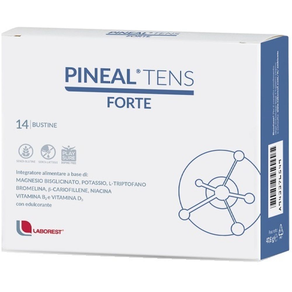 Scatola bianca con nome e logo del prodotto. Contiene 14 bustine. Dettagli blu.
