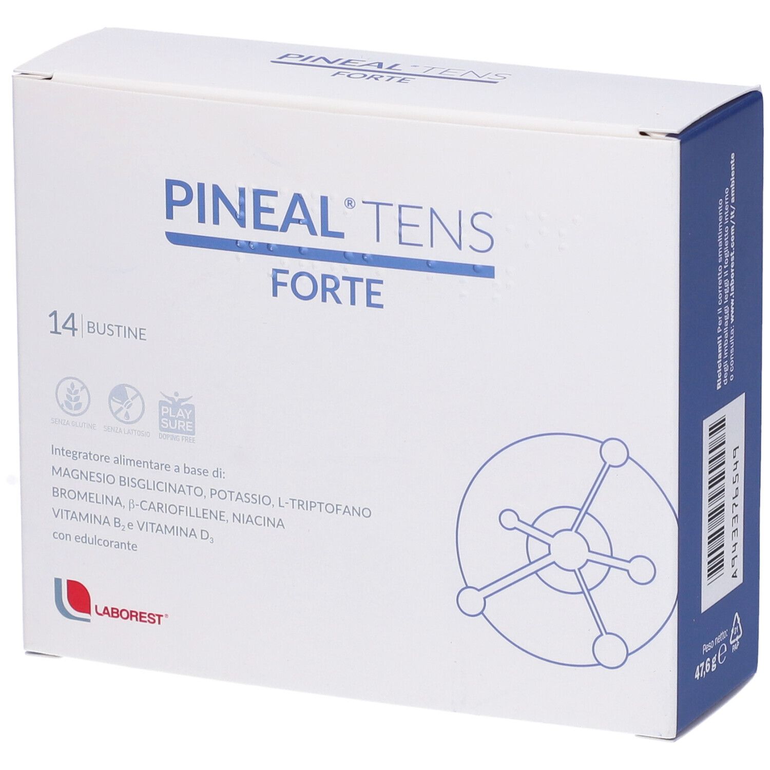 Scatola bianca con nome e logo del prodotto. Contiene 14 bustine. Dettagli blu.