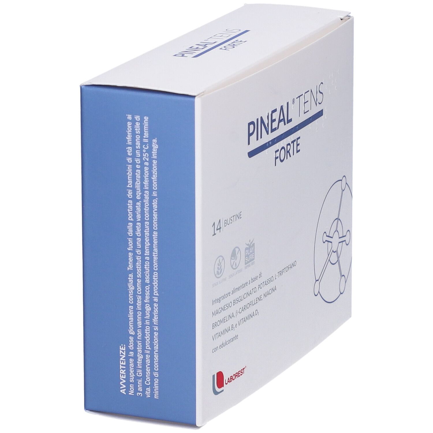 Scatola con nome e logo del prodotto. Contiene 14 bustine. Lato blu con testo.
