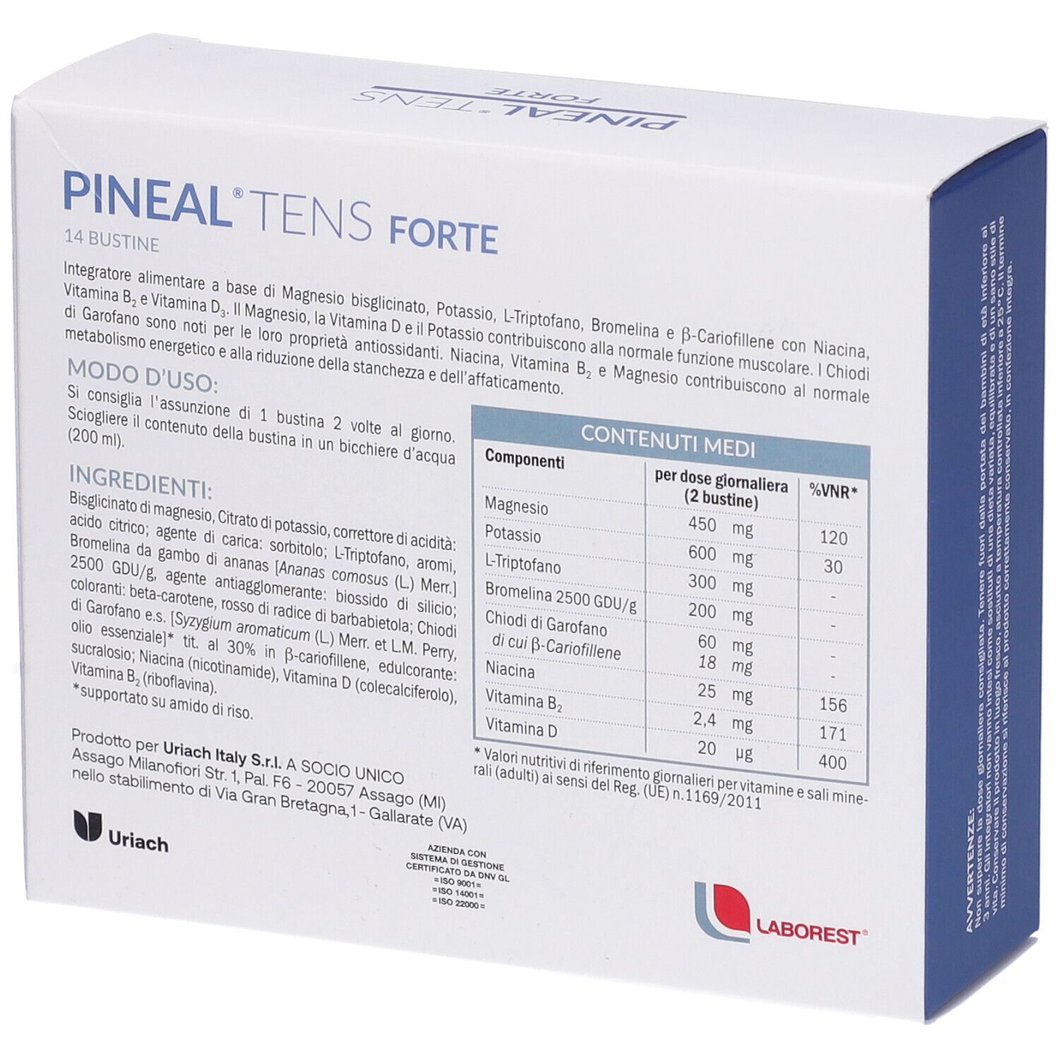 Scatola bianca con informazioni e ingredienti del prodotto. Contiene 14 bustine.