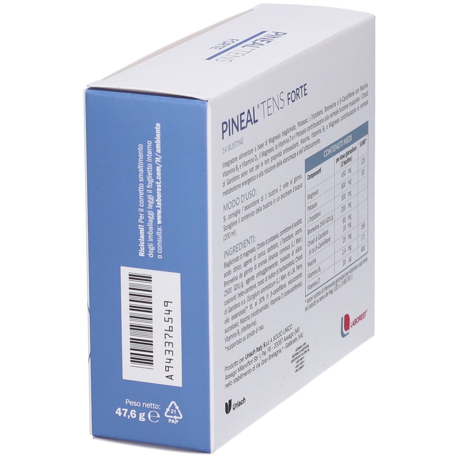 Scatola con informazioni e ingredienti del prodotto. Contiene 14 bustine. Lato blu.