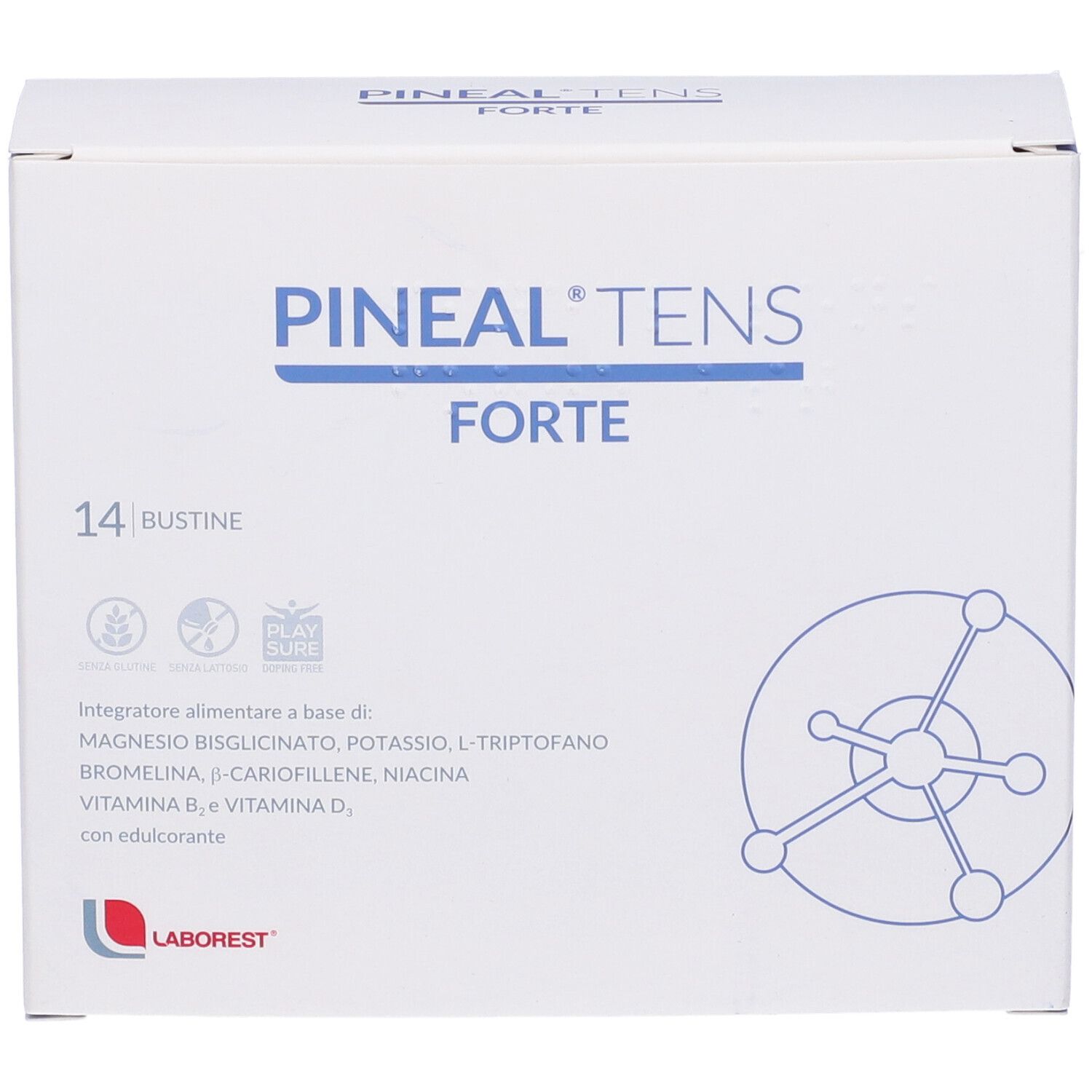 Scatola bianca con nome e logo del prodotto. Contiene 14 bustine. Dettagli blu.