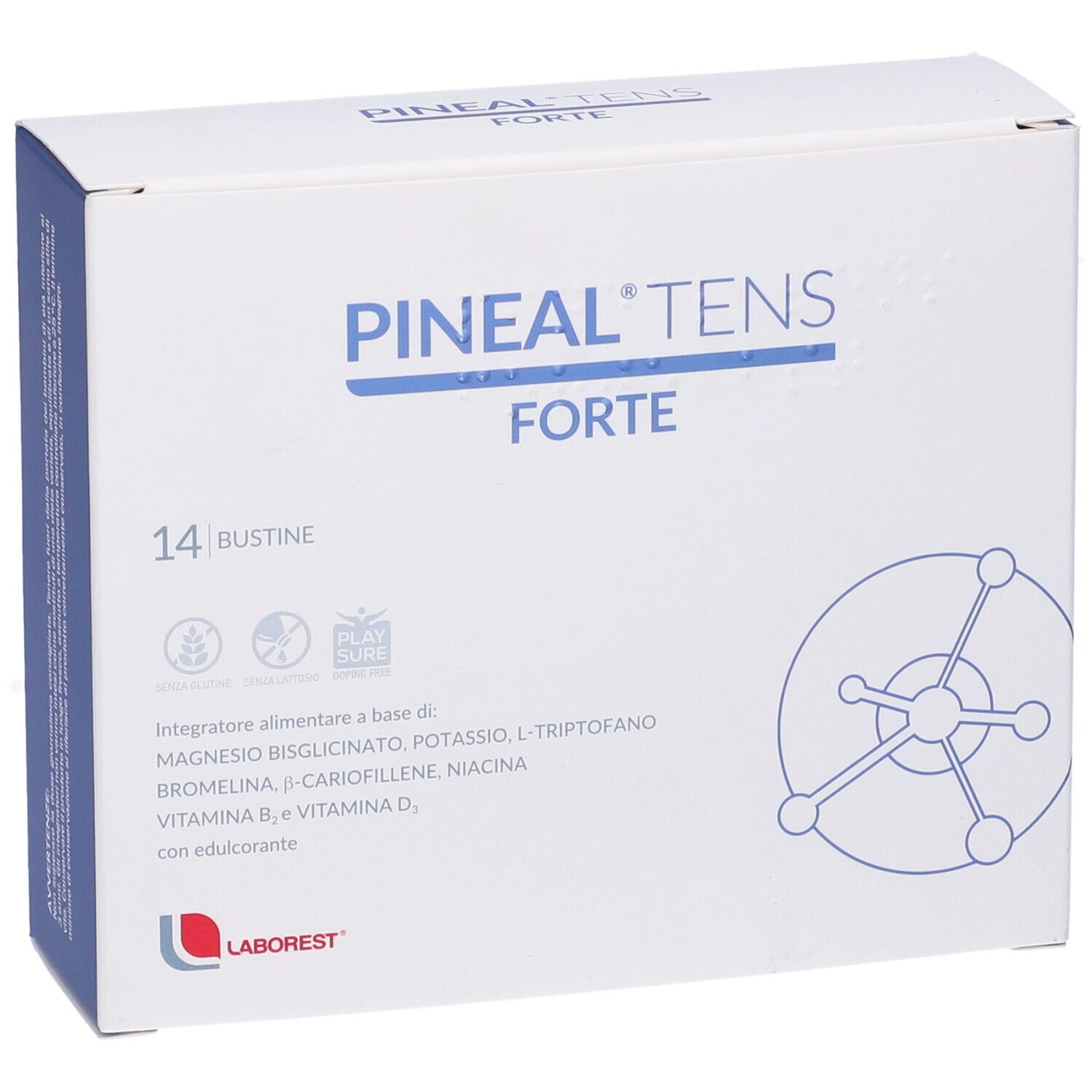 Scatola bianca con nome e logo del prodotto. Contiene 14 bustine. Dettagli blu.