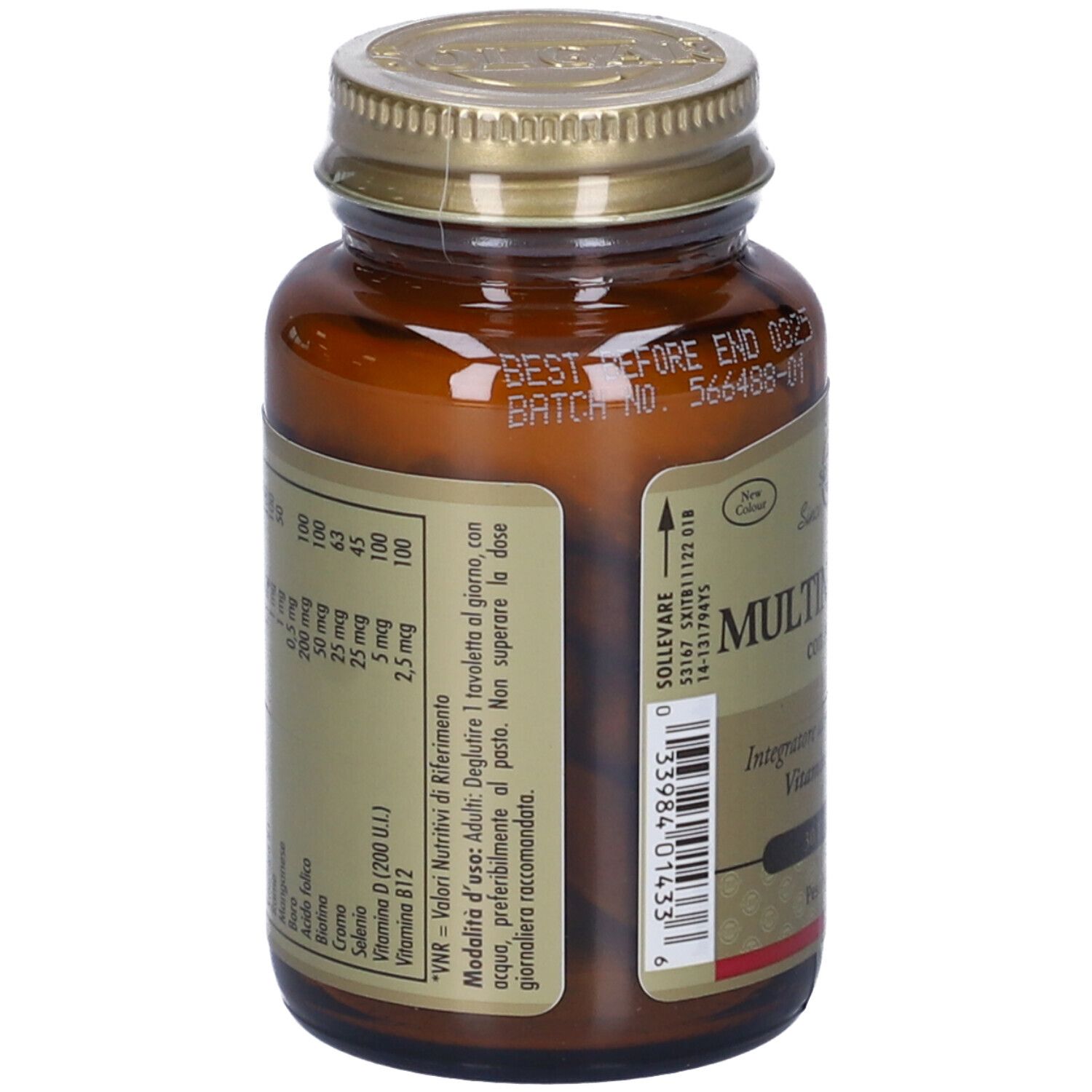 Retro di flacone in vetro marrone con tappo dorato. Etichetta con informazioni nutrizionali.