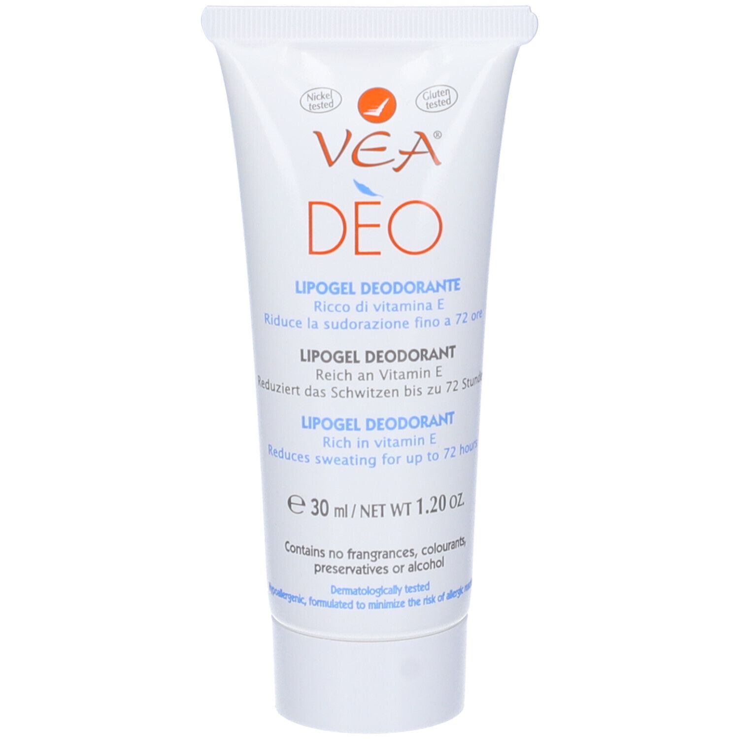 Weiße Tube mit VEA DEO Lipogel Deodorant. Text in mehreren Sprachen. 30 ml. Dermatologisch getestet.