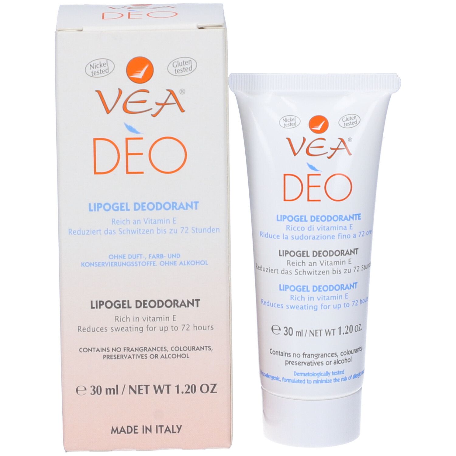 VEA DEO Lipogel Deodorant Tube und Schachtel. Text in mehreren Sprachen. 30 ml. Glutenfrei und Nickel getestet.