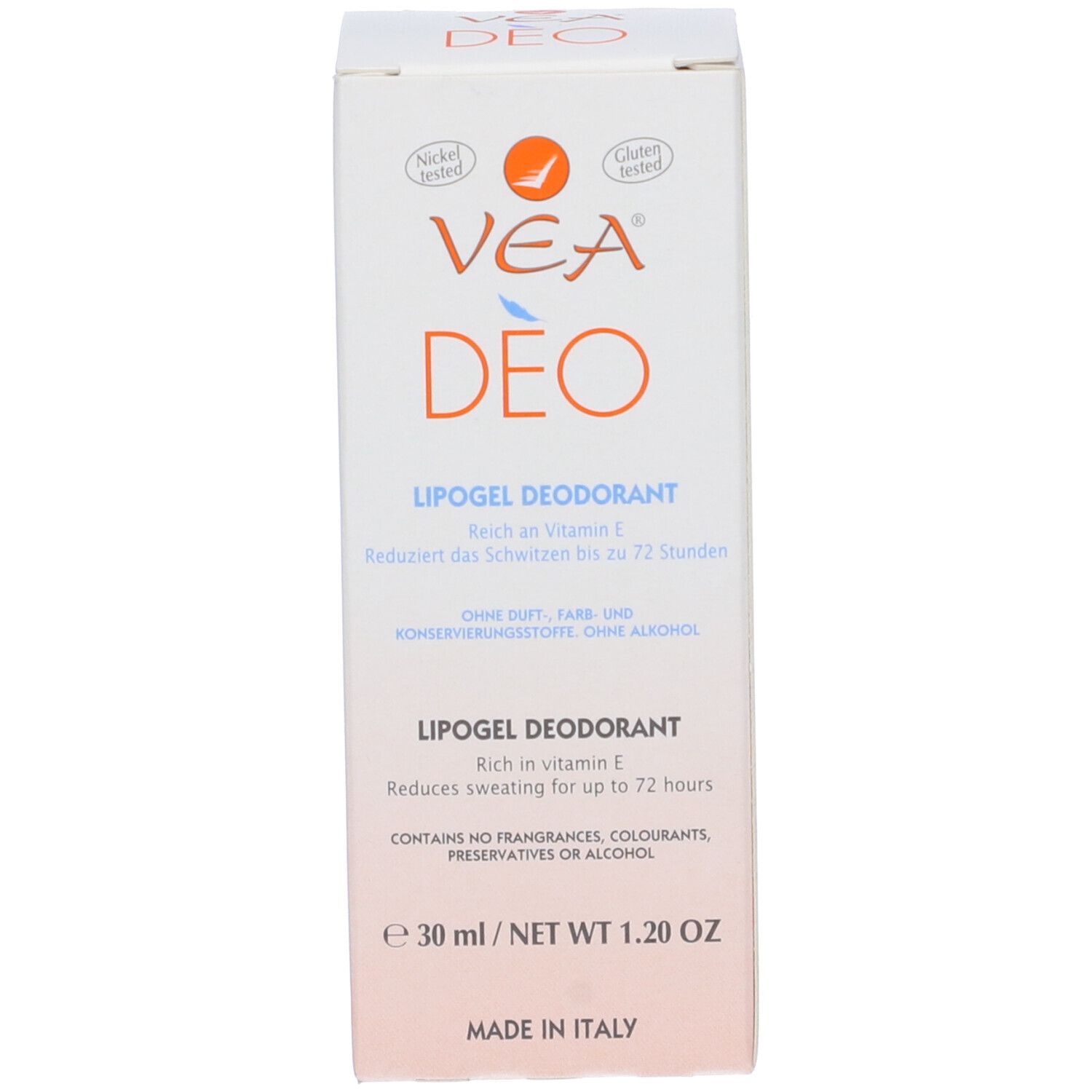 Weiße Schachtel mit VEA DEO Lipogel Deodorant. Text in mehreren Sprachen. 30 ml. Glutenfrei und Nickel getestet.