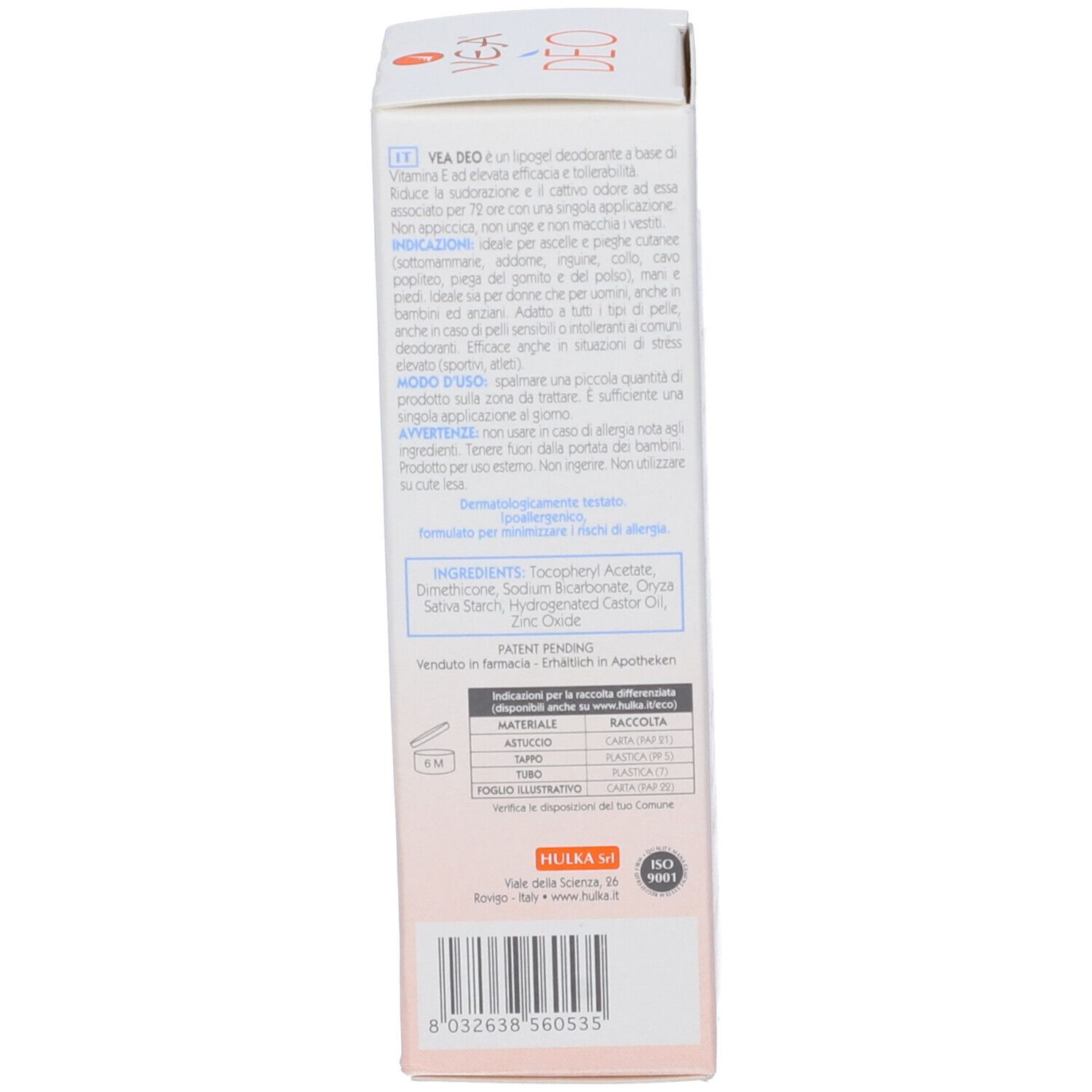 Seite der VEA DEO Lipogel Deodorant Schachtel. Text in mehreren Sprachen. Inhaltsstoffe und Anwendungshinweise.