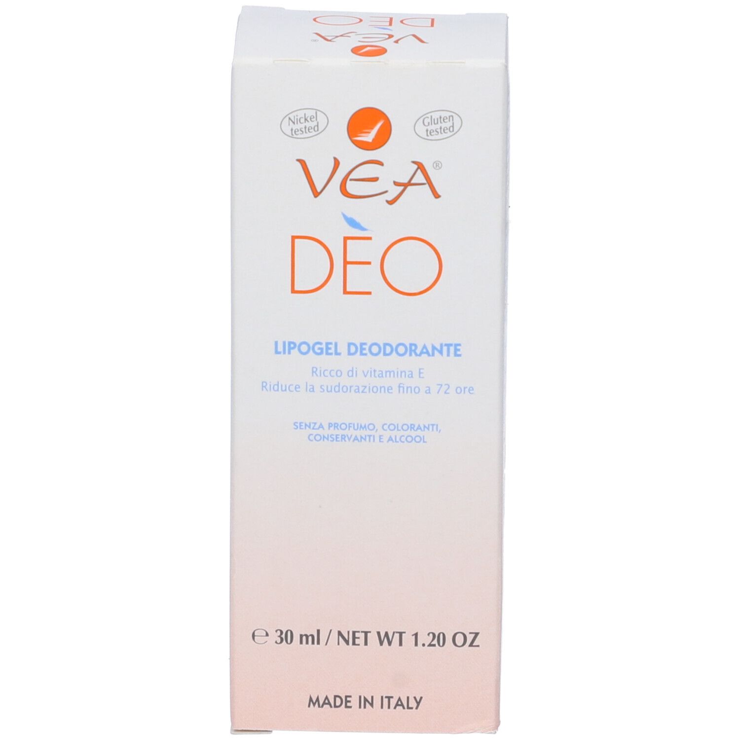 Weiße Schachtel mit VEA DEO Lipogel Deodorant. Text in mehreren Sprachen. 30 ml. Ohne Duftstoffe, Konservierungsmittel.