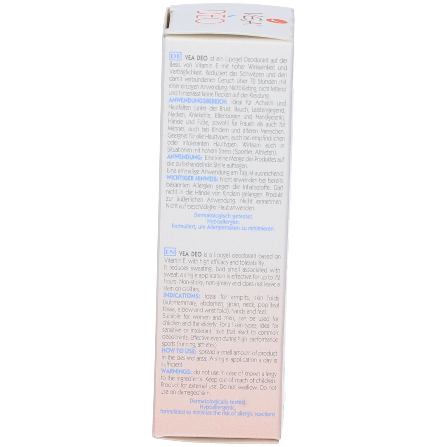 Seite der VEA DEO Lipogel Deodorant Schachtel. Text in mehreren Sprachen. Anwendungshinweise und Inhaltsstoffe.