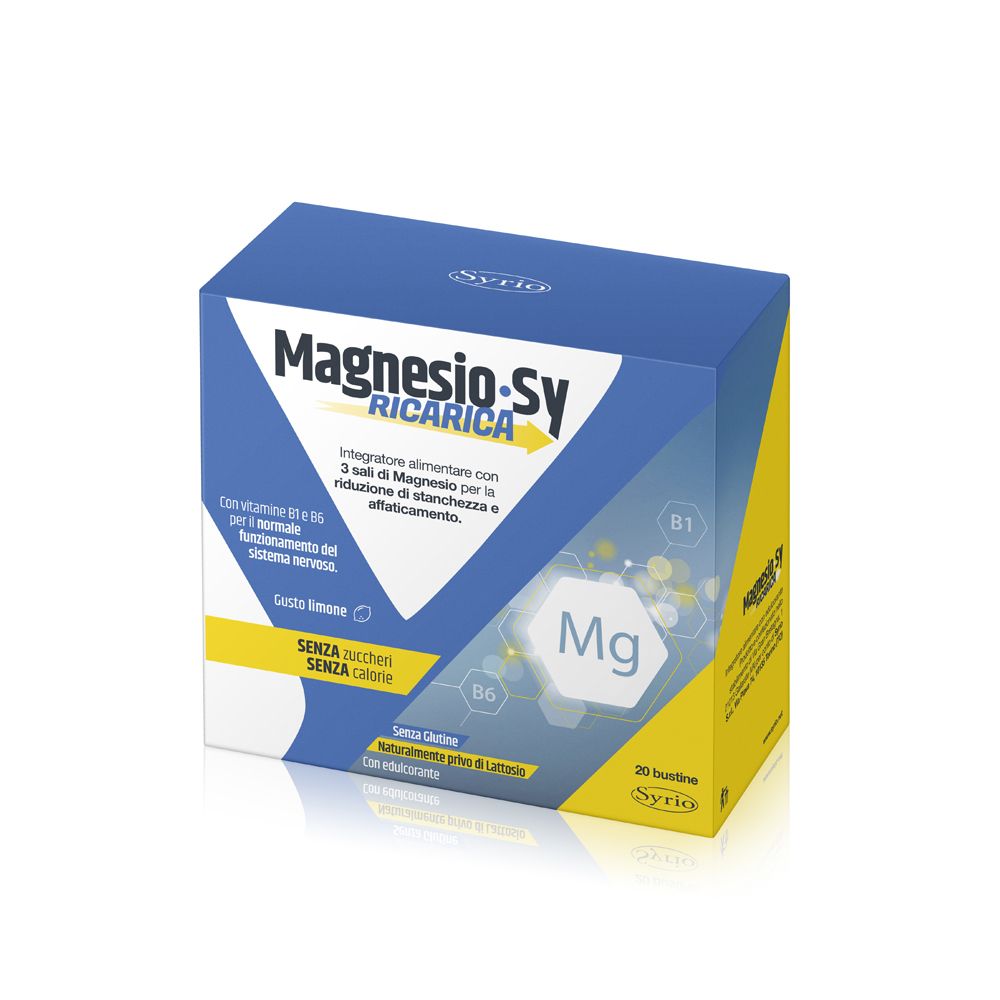 Scatola blu e gialla "Magnesio-Sy Ricarica". Contiene 20 bustine. Testo: "Senza zuccheri, senza calorie".