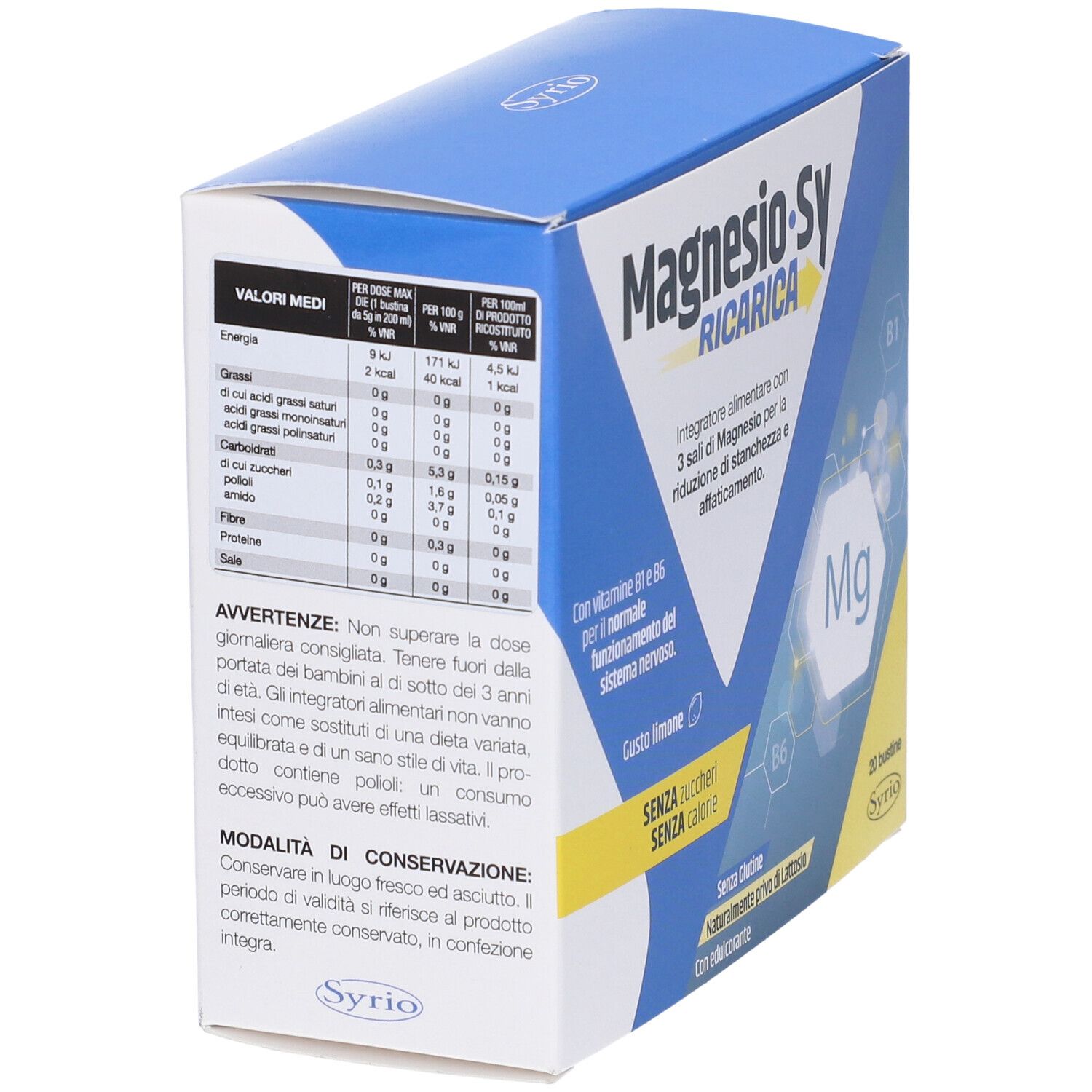 Scatola "Magnesio-Sy Ricarica". Retro con informazioni nutrizionali e avvertenze. Testo in italiano.
