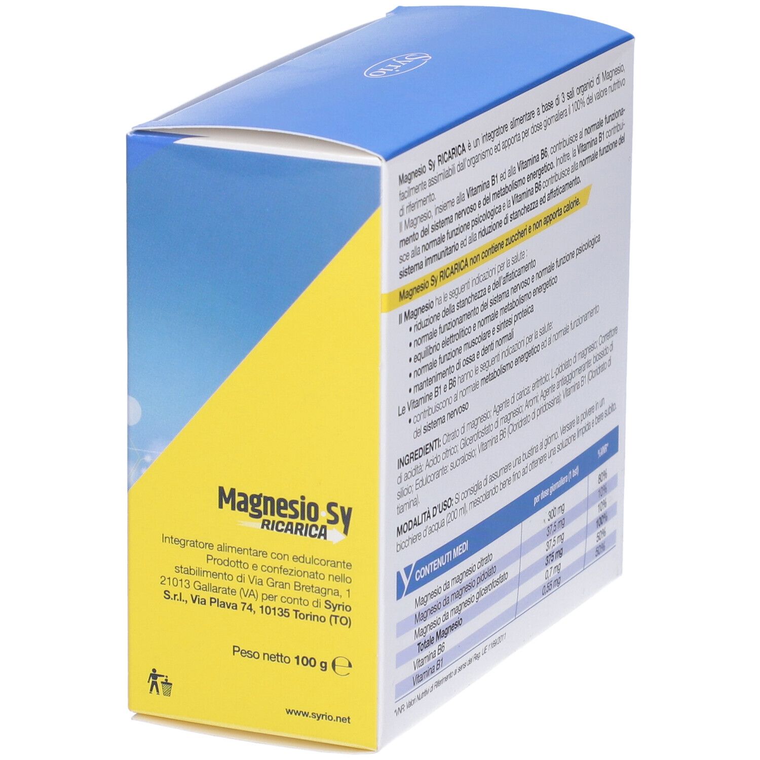 Retro della scatola "Magnesio-Sy Ricarica". Testo in italiano. Indirizzo del produttore e peso.