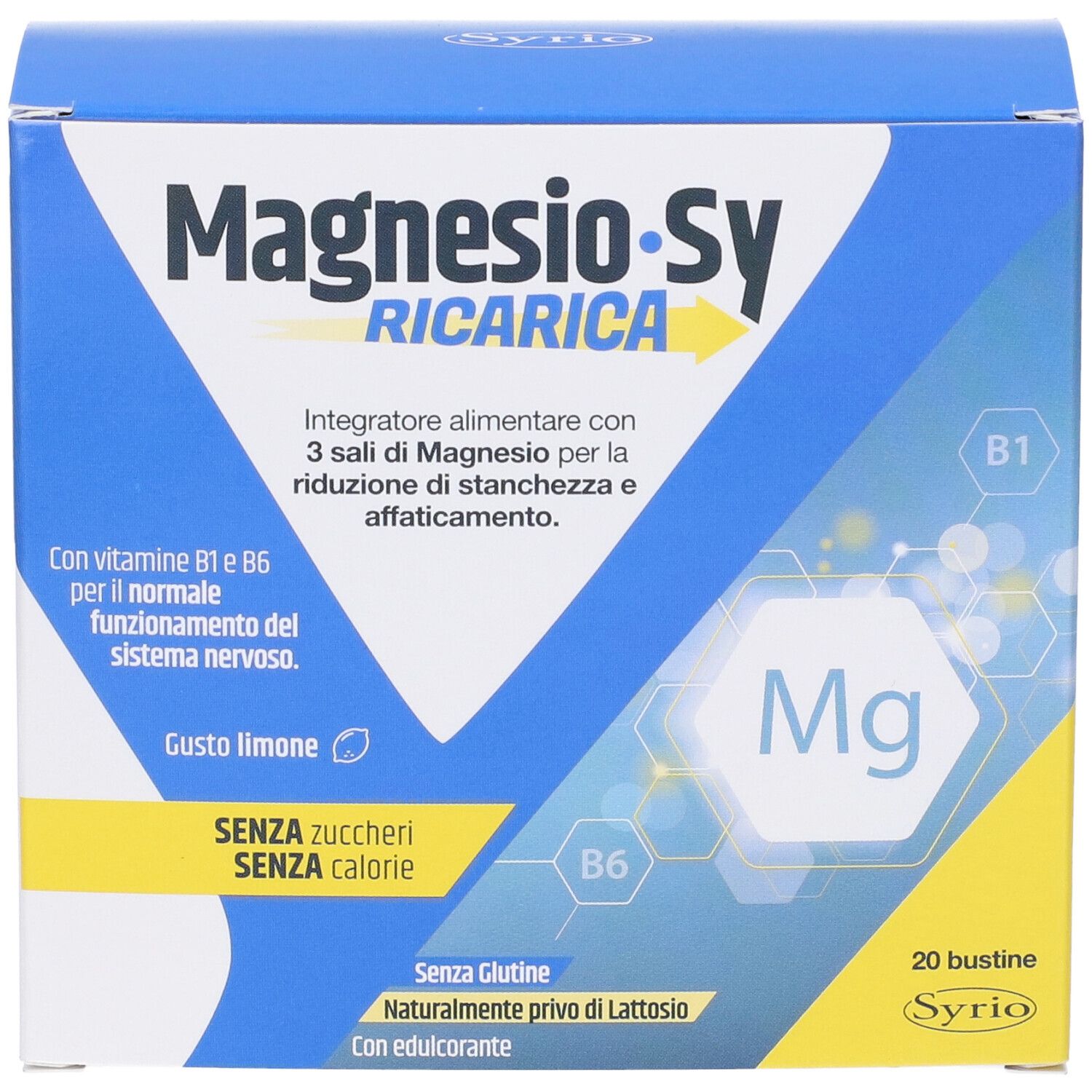 Scatola blu e gialla "Magnesio-Sy Ricarica". Contiene 20 bustine. Testo: "Senza zuccheri, senza calorie".