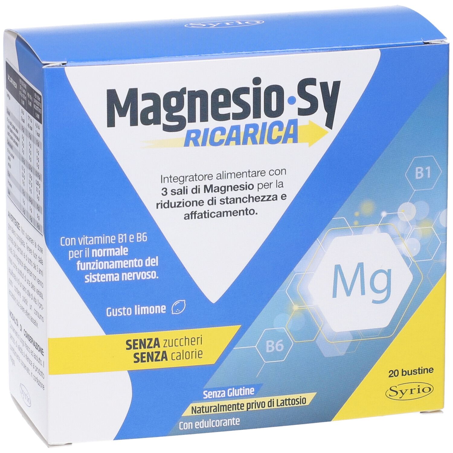 Scatola blu e gialla "Magnesio-Sy Ricarica". Contiene 20 bustine. Testo: "Senza zuccheri, senza calorie".