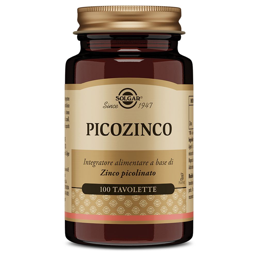 Flacone di vetro marrone con tappo dorato. Etichetta con nome prodotto Picozinco e 100 Tavolette. Marchio Solgar.