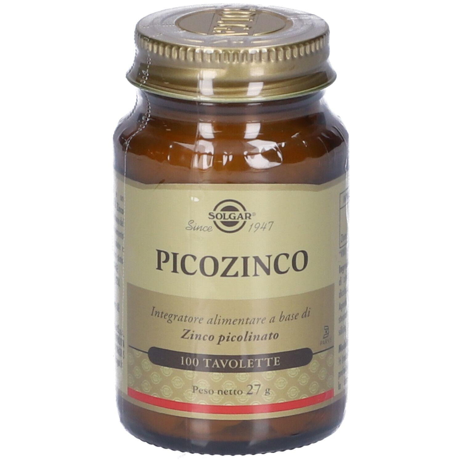 Flacone di vetro marrone con tappo dorato. Etichetta con nome prodotto Picozinco e 100 Tavolette. Marchio Solgar.