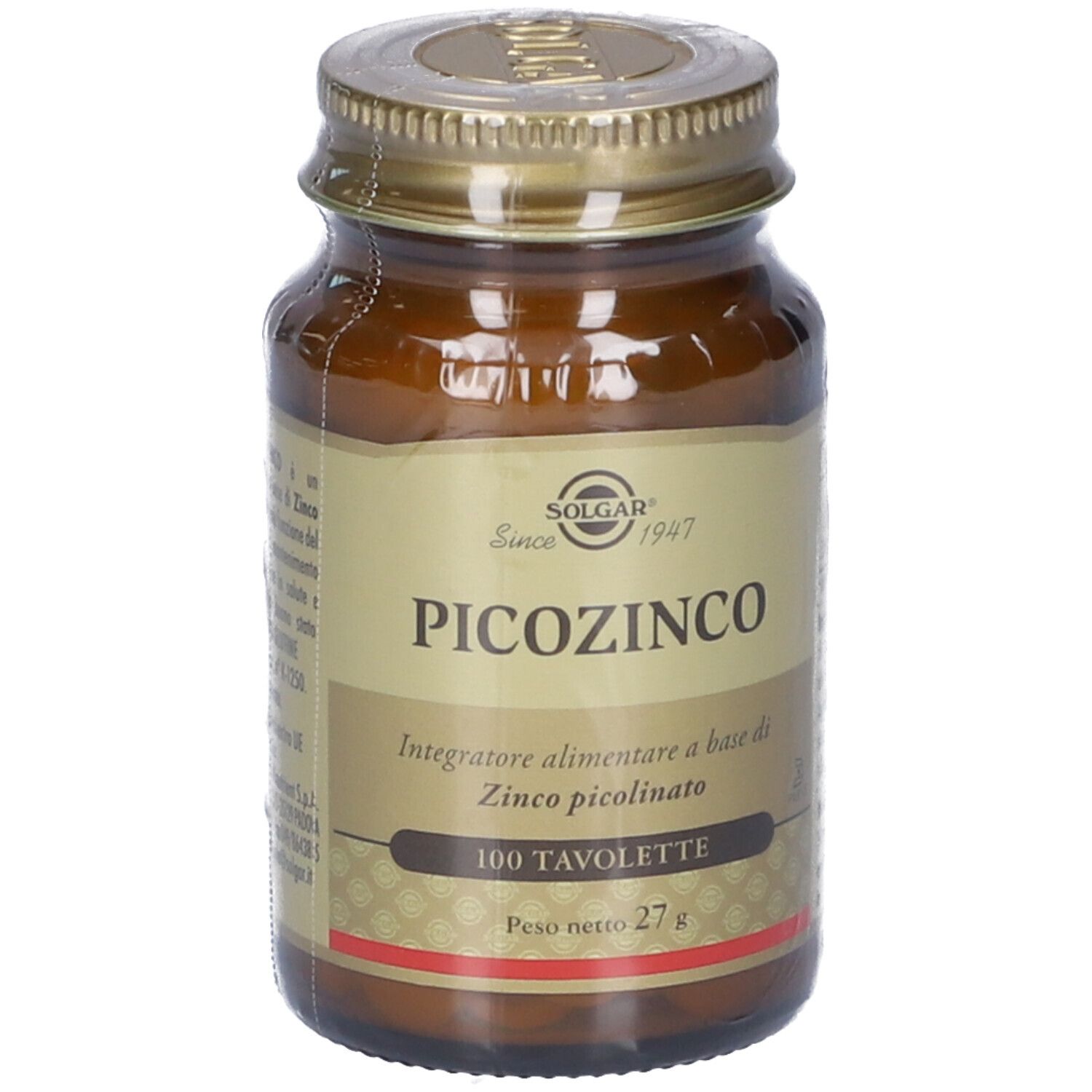 Flacone di vetro marrone con tappo dorato. Etichetta con nome prodotto Picozinco e 100 Tavolette. Marchio Solgar.