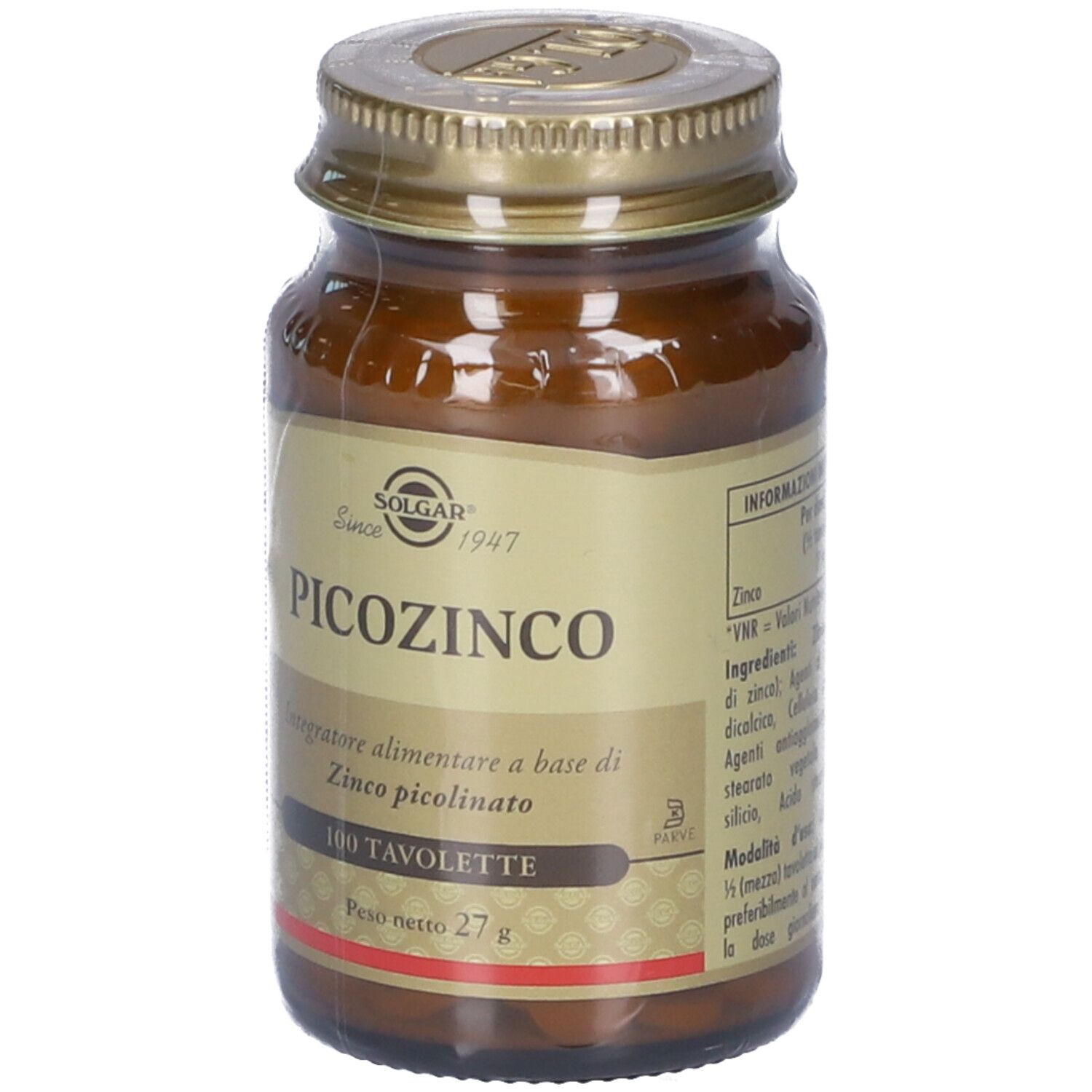 Flacone di vetro marrone con tappo dorato. Etichetta con nome prodotto Picozinco e 100 Tavolette. Marchio Solgar.