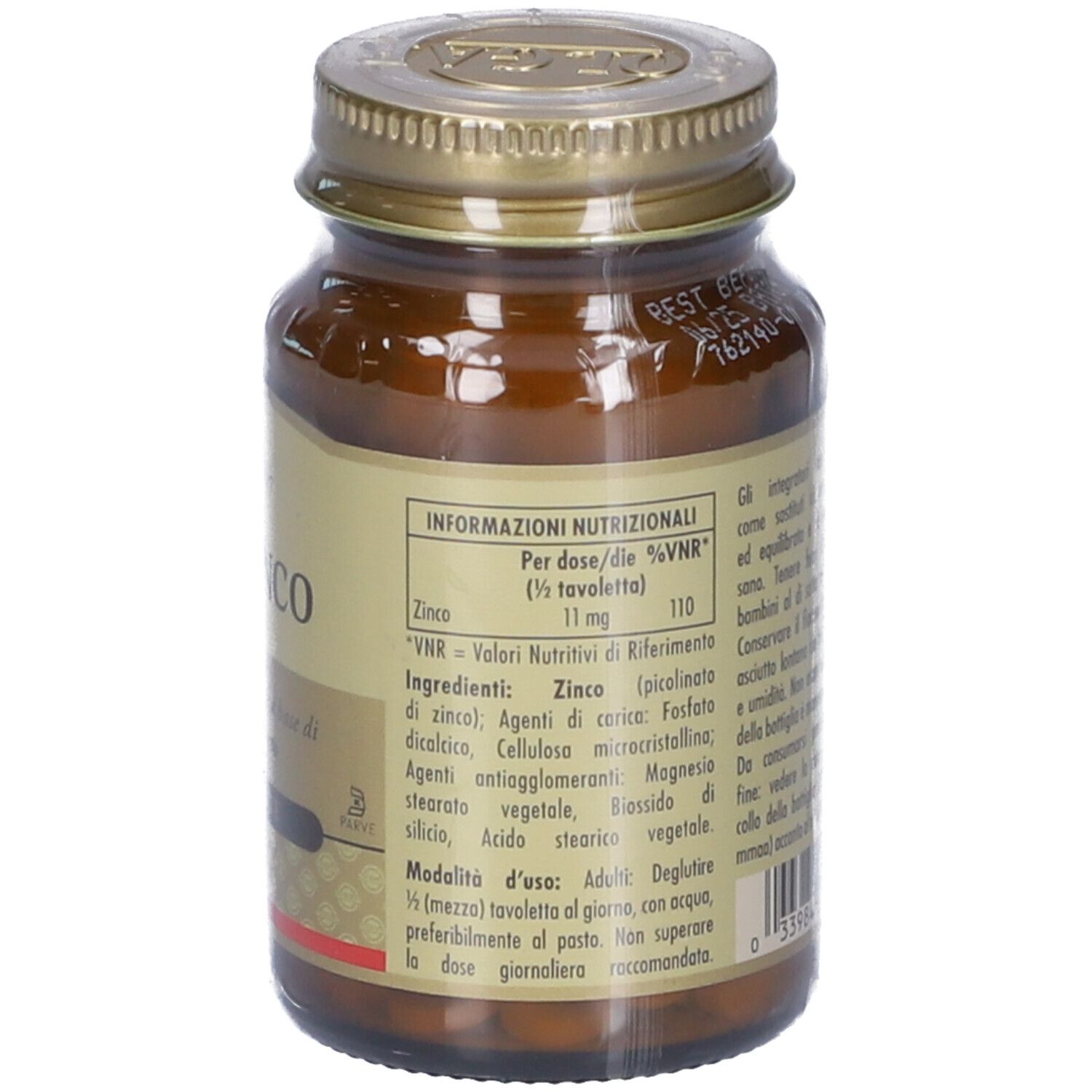 Flacone di vetro marrone con tappo dorato. Retro con informazioni nutrizionali. Marchio Solgar. Testo in italiano.