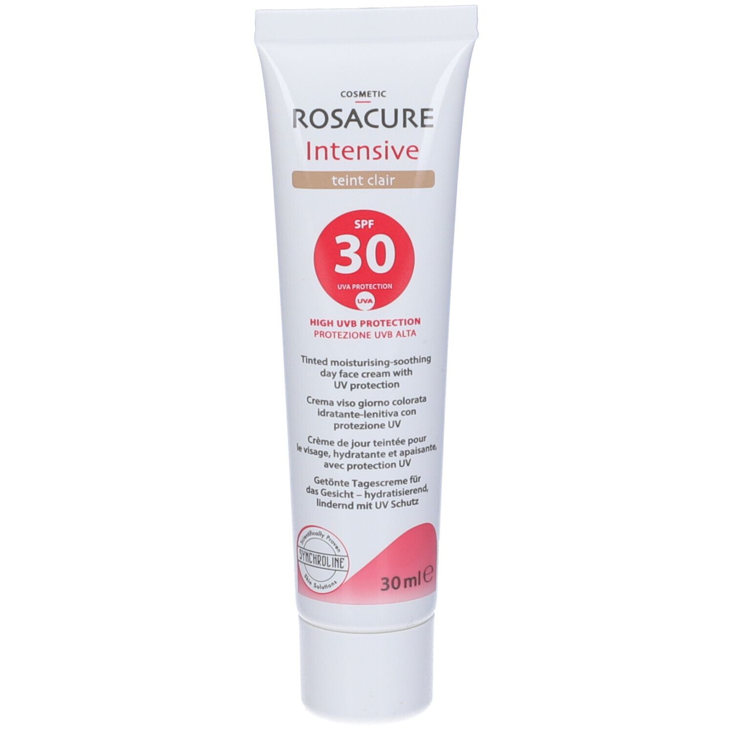 Tubo crema Rosacure Intensive Teint Clair SPF 30. Tubo bianco con informazioni e indicazione 30 ml.