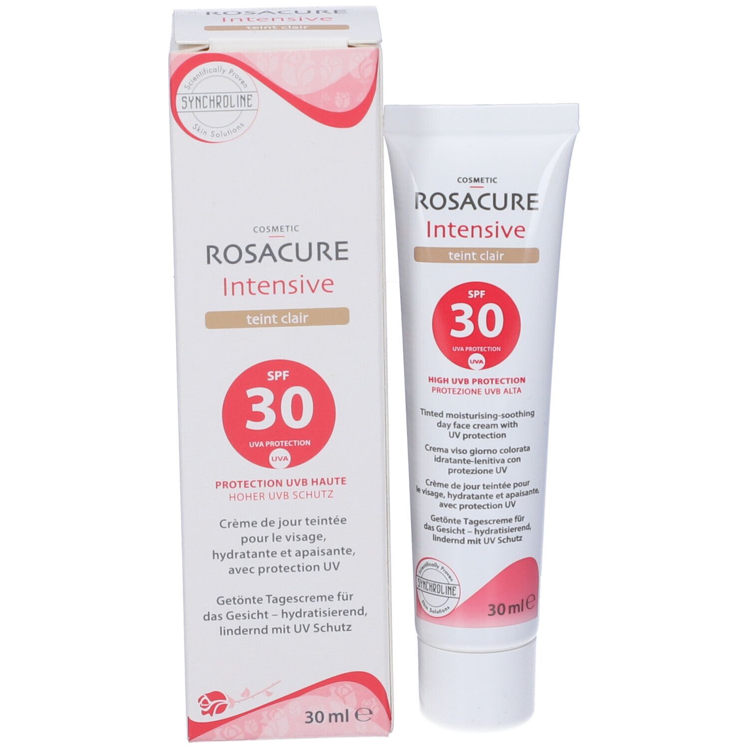 Crema Rosacure Intensive Teint Clair SPF 30 e confezione. Confezione bianca con informazioni e 30 ml.