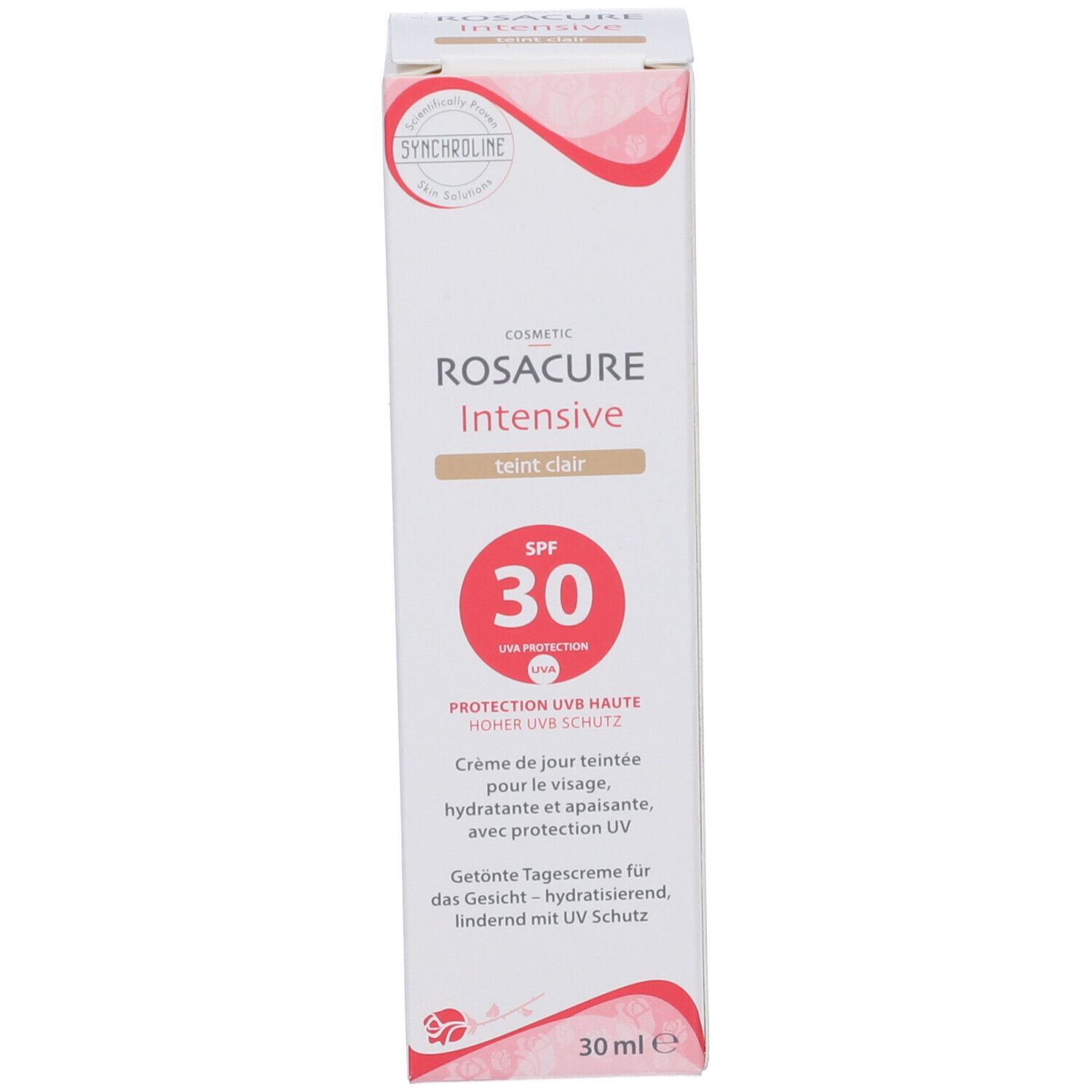 Confezione di Rosacure Intensive Teint Clair SPF 30. Confezione bianca con informazioni e 30 ml.