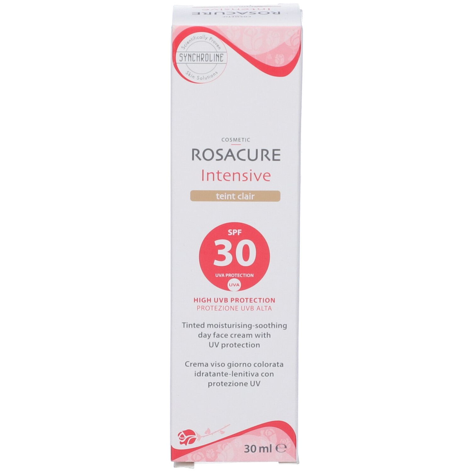 Confezione di Rosacure Intensive Teint Clair SPF 30. Confezione bianca con informazioni e 30 ml.