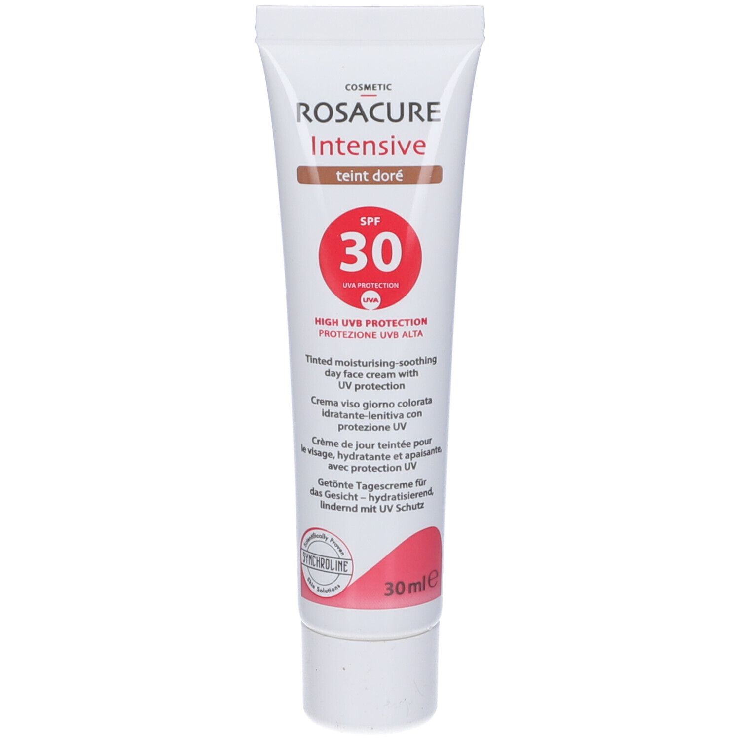 Tubo di crema con nome del prodotto e SPF 30. Scritto: crema giorno colorata idratante con protezione UV.