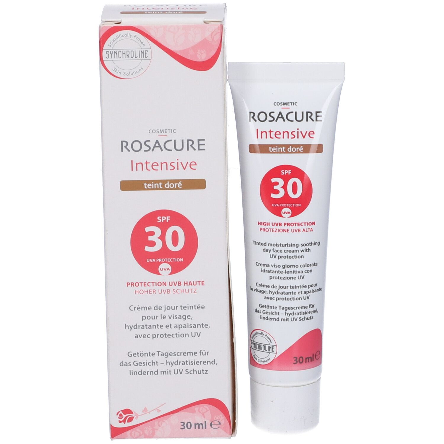 Confezione del prodotto con tubo di crema e scatola. Entrambi mostrano il nome del prodotto, SPF 30 e protezione UV.