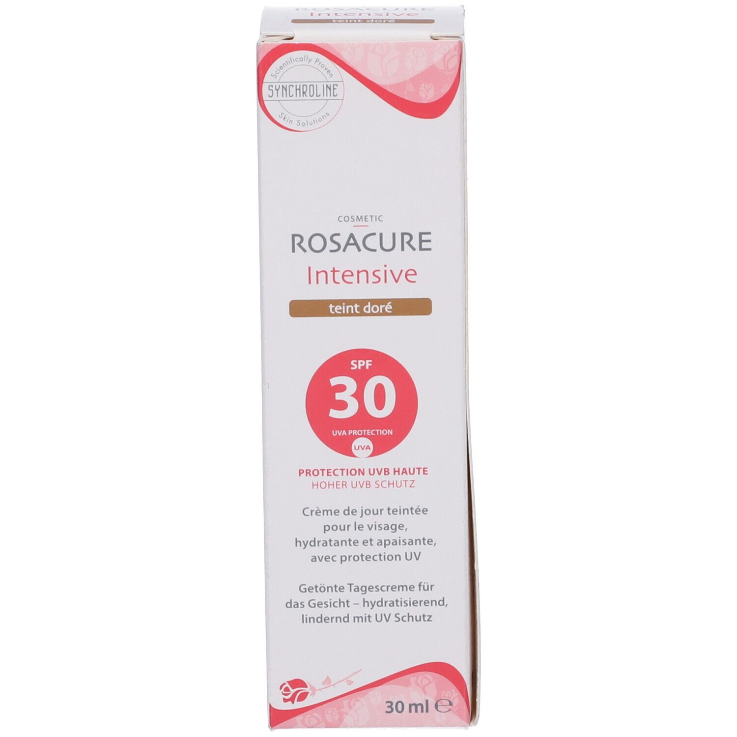 Confezione in cartone con nome del prodotto, SPF 30 e protezione UV. Contiene testo in più lingue.
