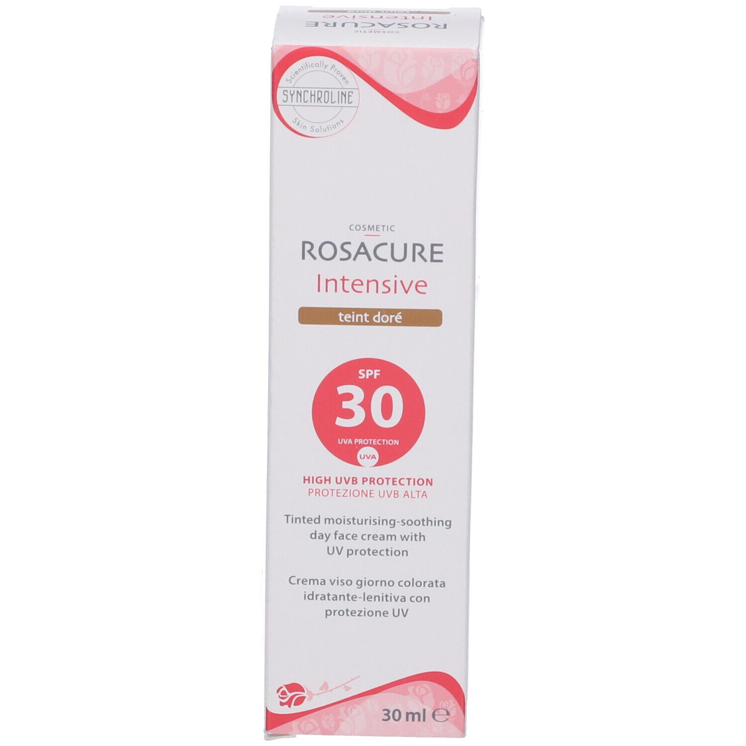 Confezione in cartone con nome del prodotto, SPF 30 e protezione UV. Contiene testo in più lingue.