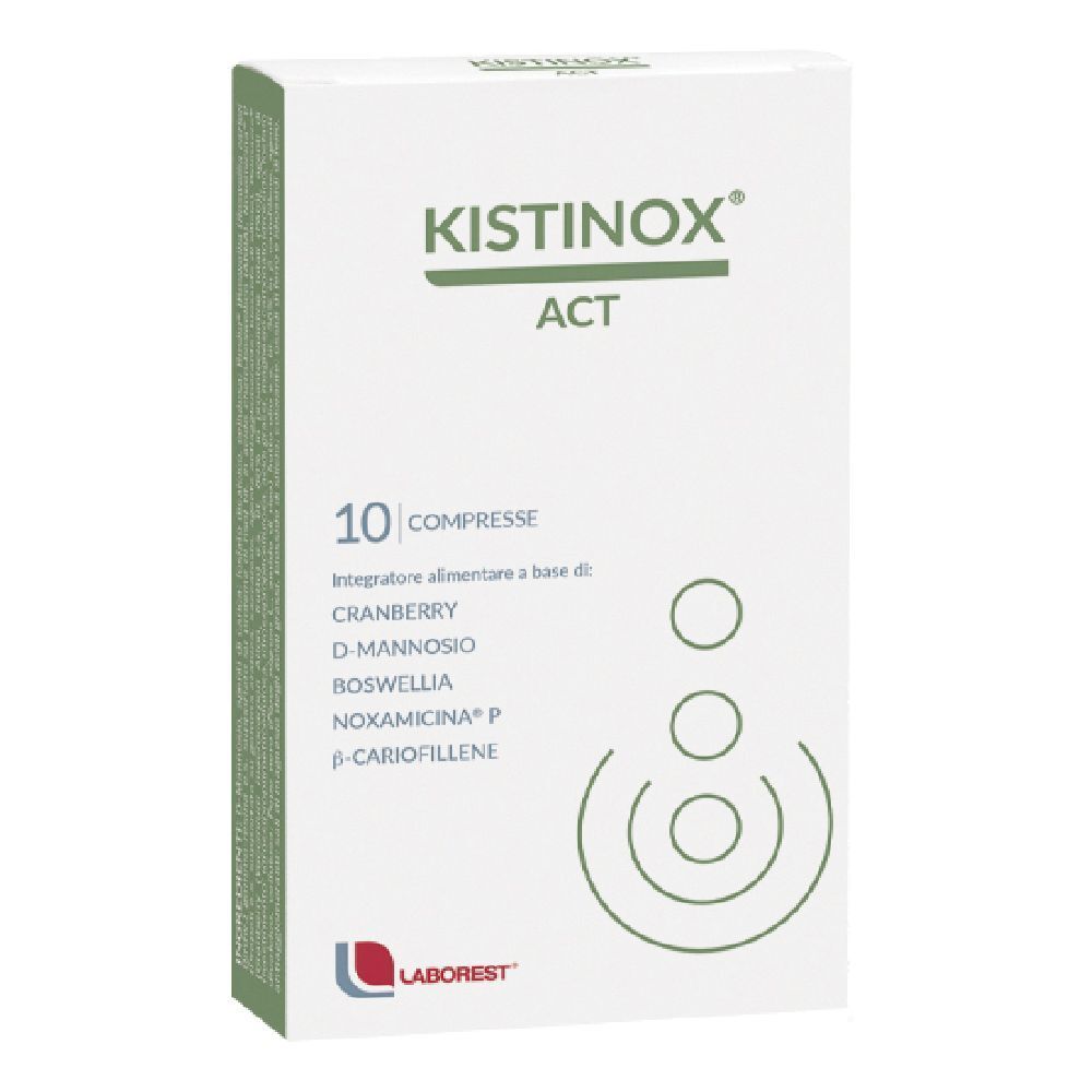 Scatola di KISTINOX® ACT. 10 compresse. Contiene Cranberry, D-Mannosio, Boswellia, Noxamicina P e β-Cariofillene.
