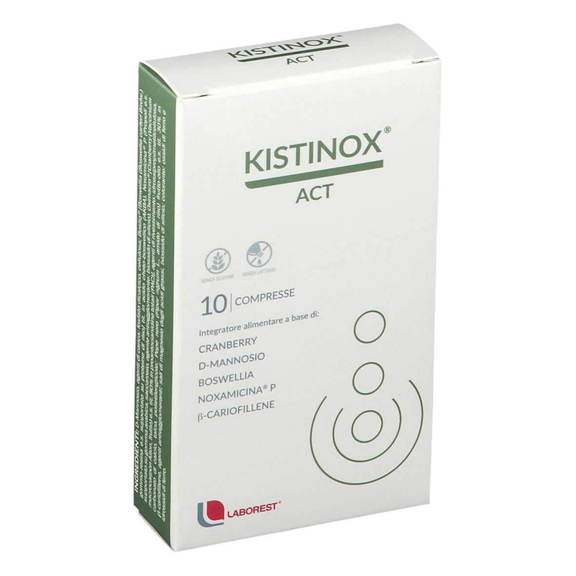 Scatola KISTINOX® ACT. 10 compresse. Contiene Cranberry, D-Mannosio, Boswellia, Noxamicina P e β-Cariofillene. Logo Laborest.