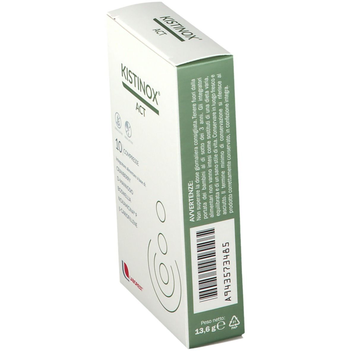 Scatola KISTINOX® ACT. 10 compresse. Contiene Cranberry, D-Mannosio, Boswellia, Noxamicina P e β-Cariofillene. Logo Laborest.