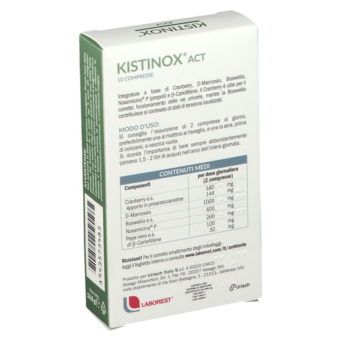Scatola KISTINOX® ACT, vista laterale. 10 compresse. Contiene Cranberry, D-Mannosio, Boswellia, Noxamicina P e β-Cariofillene. Logo Laborest.