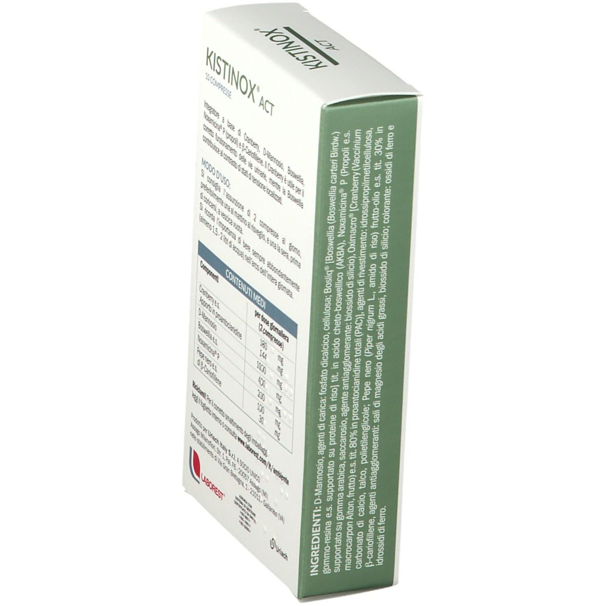 Scatola KISTINOX® ACT, retro. 10 compresse. Contiene Cranberry, D-Mannosio, Boswellia, Noxamicina P e β-Cariofillene. Logo Laborest.