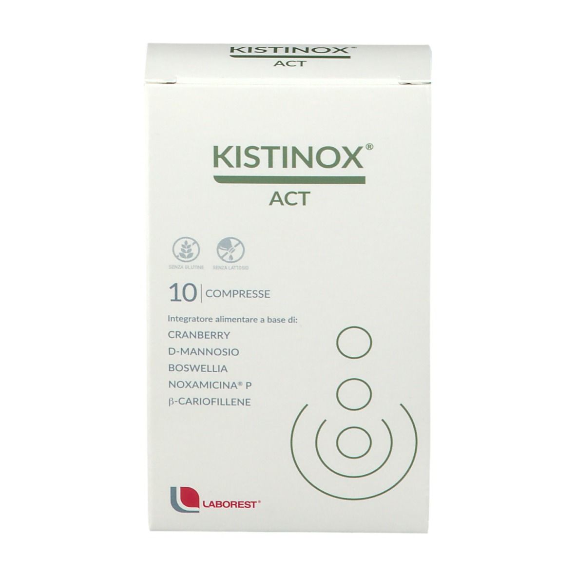 Scatola KISTINOX® ACT, retro. 10 compresse. Ingredienti: Cranberry, D-Mannosio, Boswellia, Noxamicina P, β-Cariofillene. Logo Laborest.