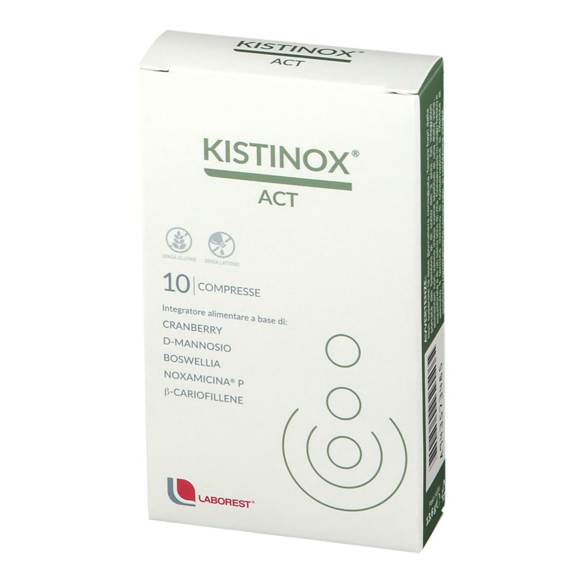 Scatola KISTINOX® ACT. 10 compresse. Contiene Cranberry, D-Mannosio, Boswellia, Noxamicina P e β-Cariofillene. Logo Laborest.