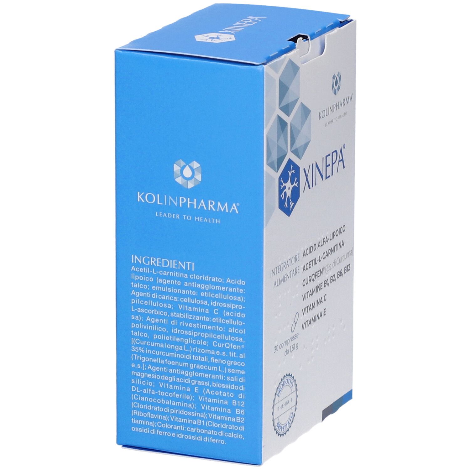 Scatola blu di XINEPA. Contiene Acetil-L-Carnitina e vitamine. Logo Kolinpharma.