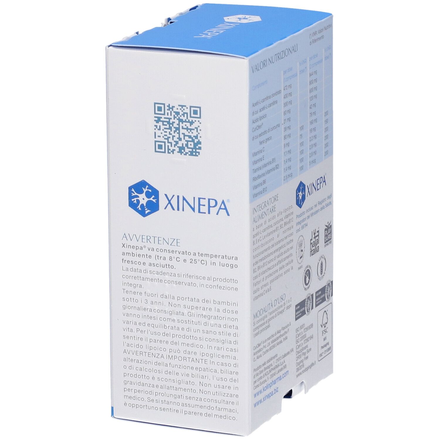 Scatola XINEPA con avvertenze. Contiene codice QR. Informazioni sulla conservazione.