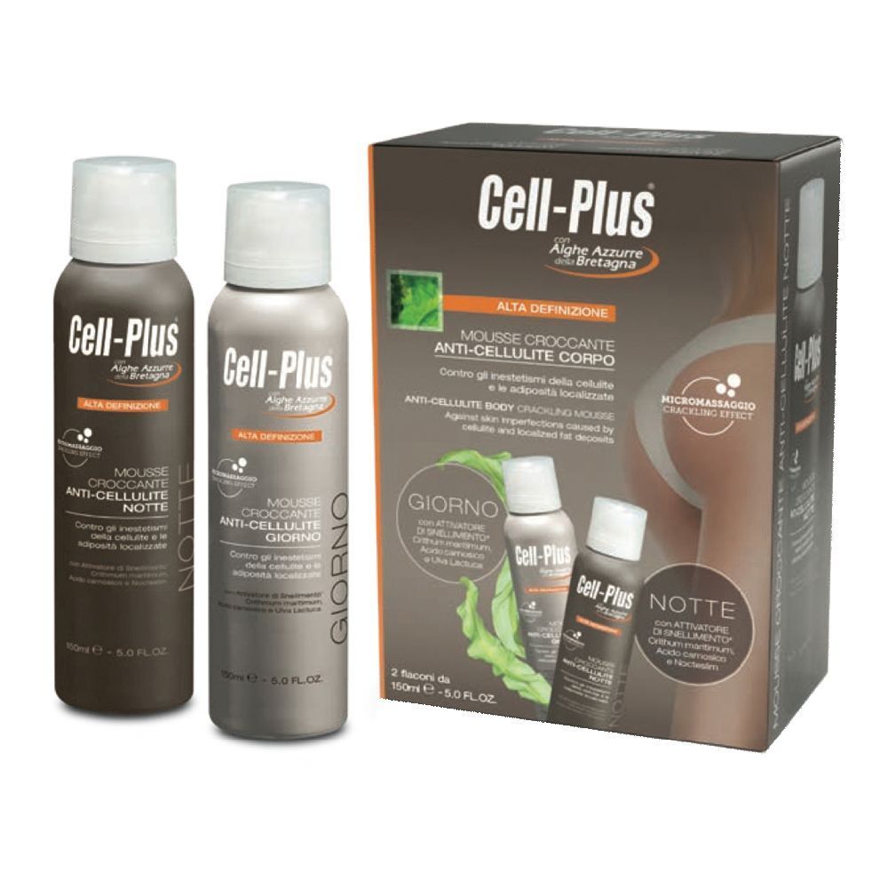 Due flaconi e confezione di Cell-Plus Mousse Croccante Anti-Cellulite Corpo. Scritta: Alga Azzurra de Bretagne.