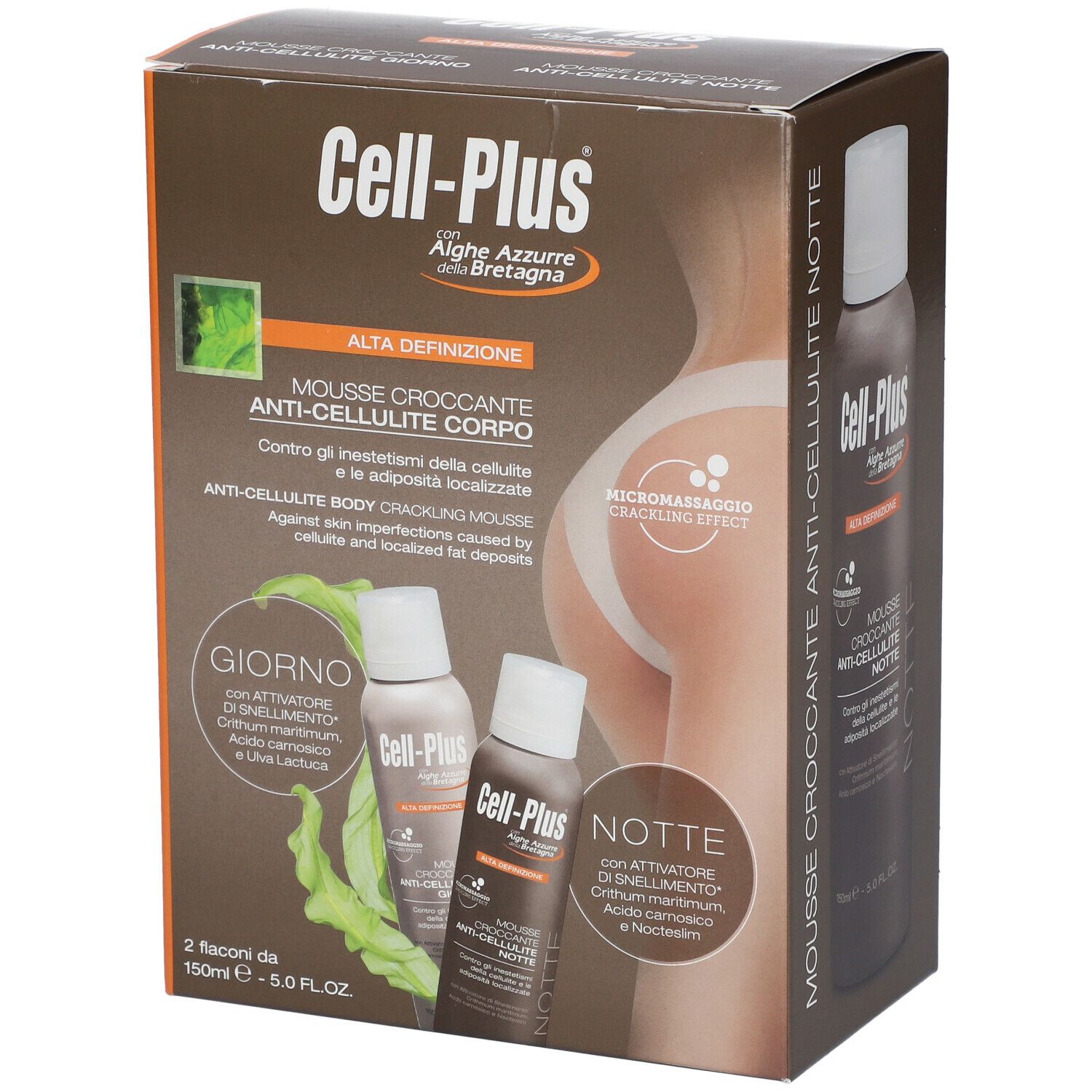 Confezione di Cell-Plus Mousse Croccante Anti-Cellulite Corpo. Contiene due flaconi. Scritta: Alga Azzurra de Bretagne.