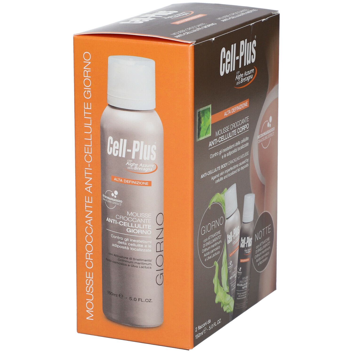 Confezione di Cell-Plus Mousse Croccante Anti-Cellulite Corpo. Contiene un flacone. Scritta: Alga Azzurra de Bretagne.