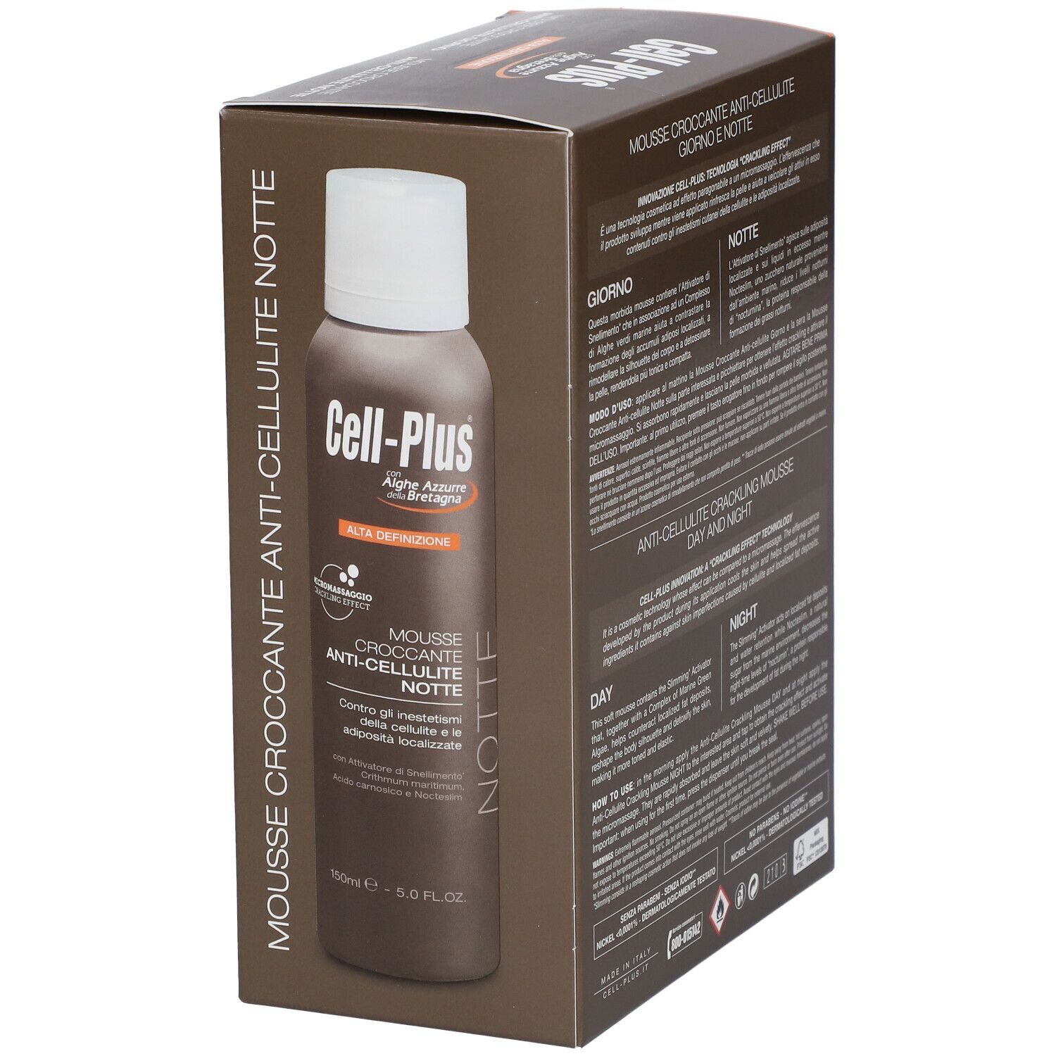 Un flacone di Cell-Plus Mousse Croccante Anti-Cellulite Corpo. Scritta: Alga Azzurra de Bretagne. Confezione con testo.