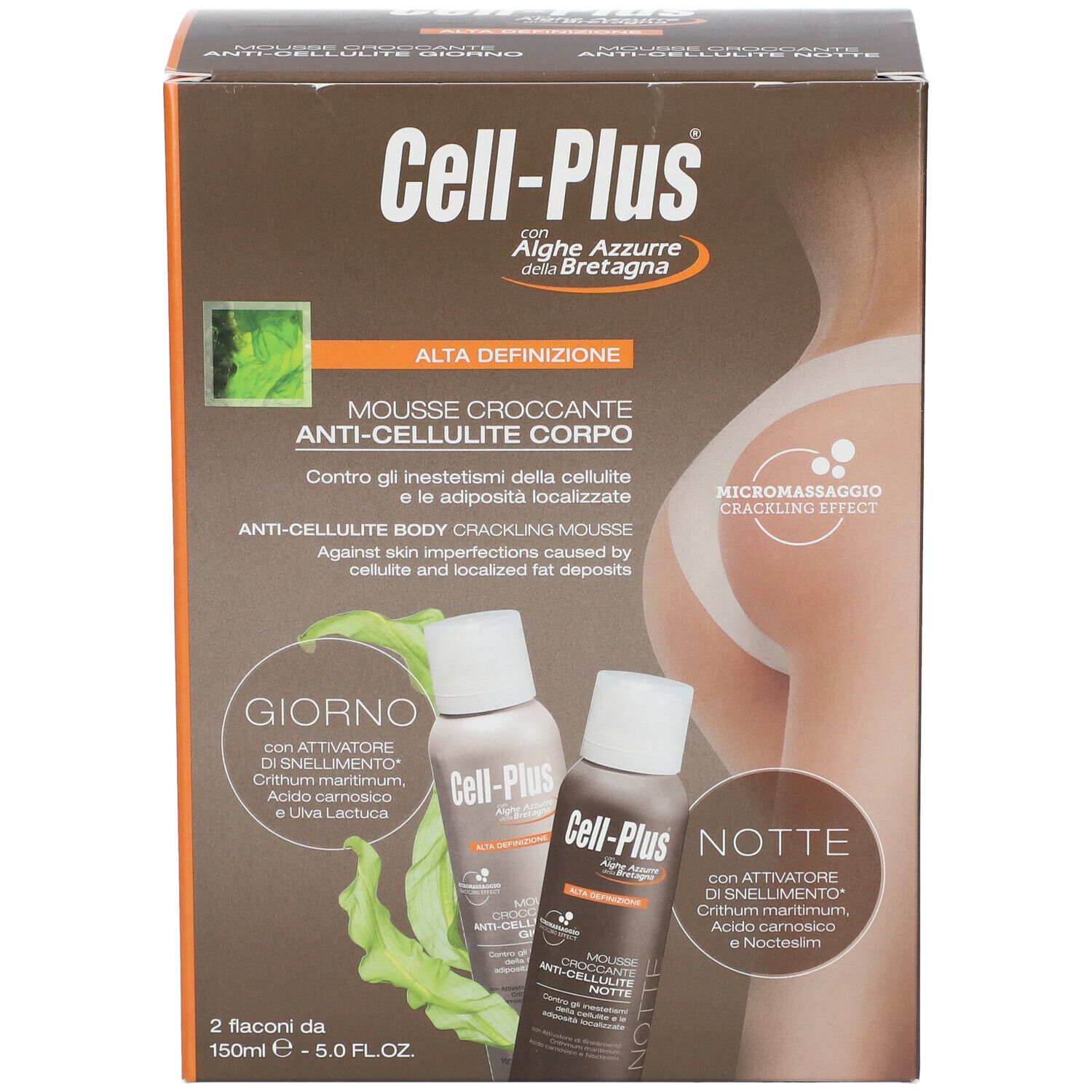 Confezione di Cell-Plus Mousse Croccante Anti-Cellulite Corpo. Scritta: Alga Azzurra de Bretagne. Due flaconi illustrati.