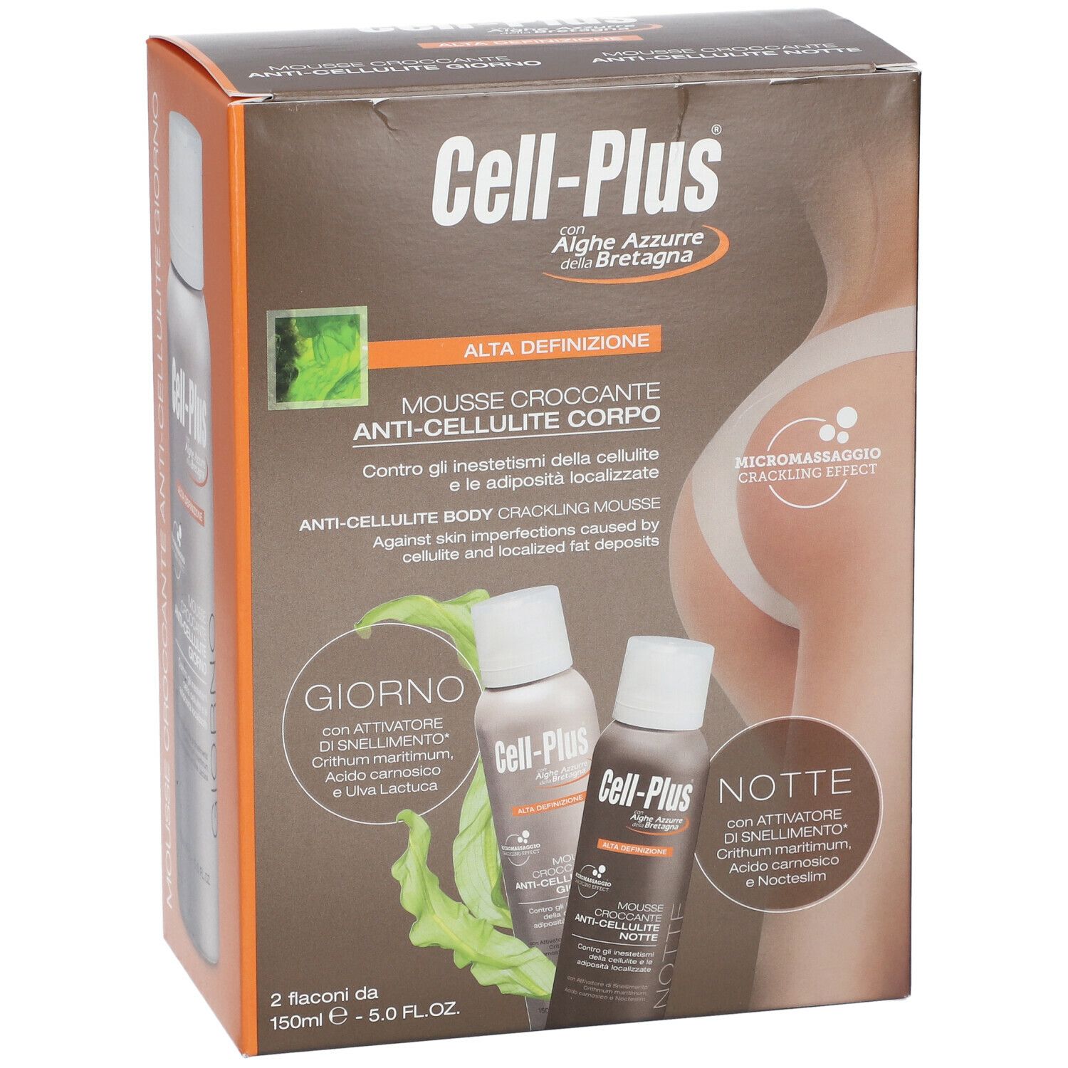 Confezione di Cell-Plus Mousse Croccante Anti-Cellulite Corpo. Scritta: Alga Azzurra de Bretagne. Due flaconi illustrati.