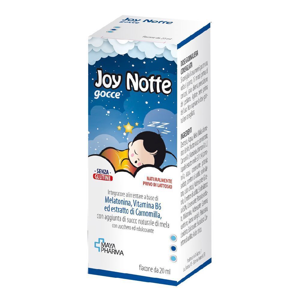 Scatola Joy Notte Gocce. Stampa con nome prodotto, illustrazione bambino che dorme e informazioni.